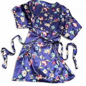 Vintage 80s Vassarette Satin Floral Kimono Robe Belted Lounge Sleepwear